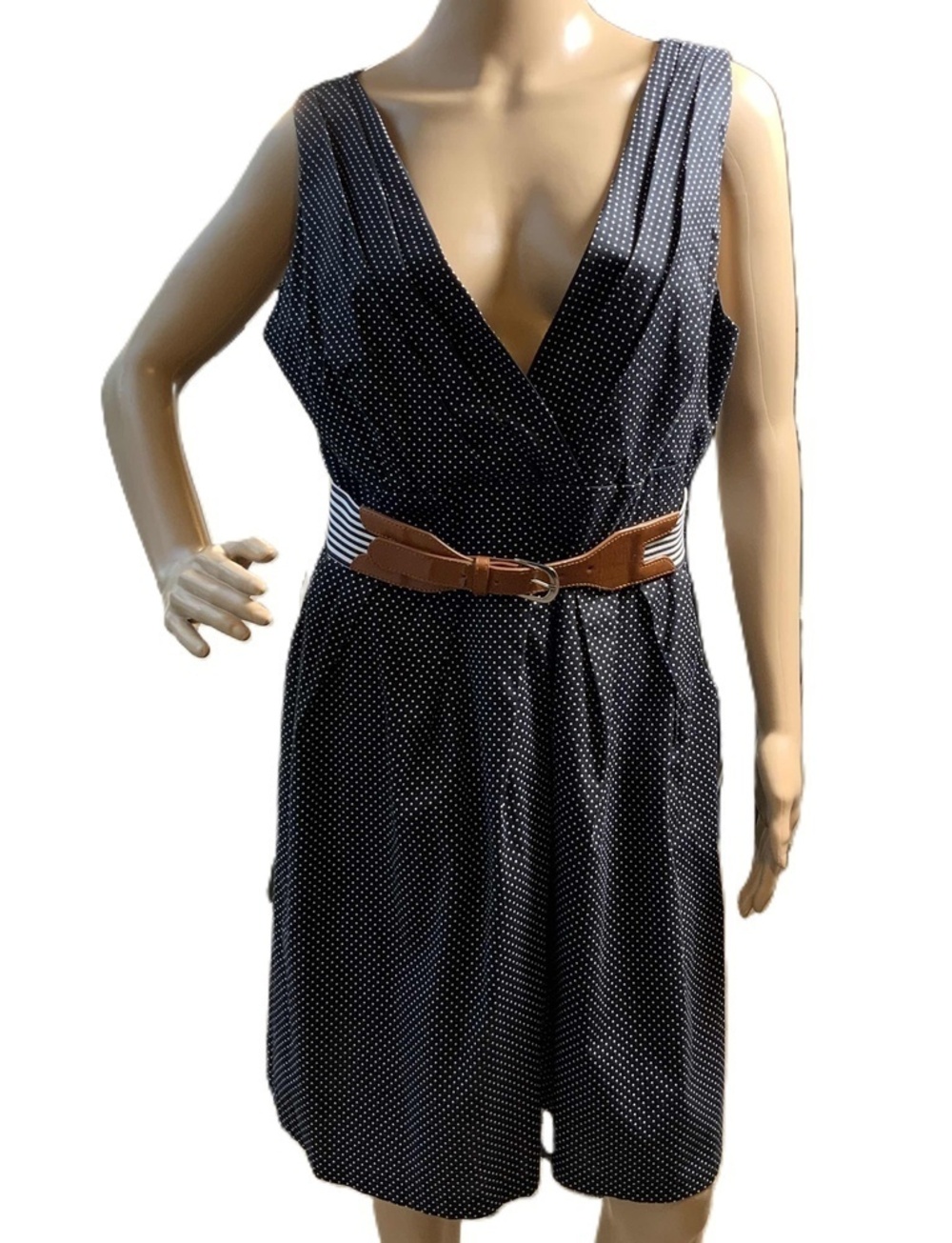 Corey‎ P Black White Polka Dot Sleeveless Dress Brown Belt Sz 12 Preppy Academia